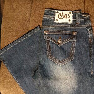 Cello Denim jean sz13 x 35" long Bootcut Stretch Button pocket Gold stitch
